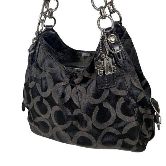 Coach Maggie Shoulder Bag Optic Op Art Signature Black on Black Hobo Purse 15757 - Picture 3 of 16